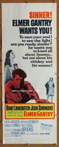f642 ELMER GANTRY insert movie poster '60 Burt Lancaster, Jean Simmons