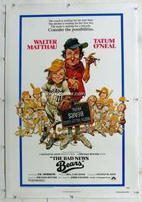 g277 BAD NEWS BEARS linen one-sheet movie poster '76 Matthau, Jack Davis art!