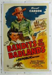 g278 BANDITS OF THE BADLANDS linen signed one-sheet movie poster '45 Carson