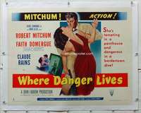 g257 WHERE DANGER LIVES linen half-sheet movie poster '50 Mitchum, Domergue