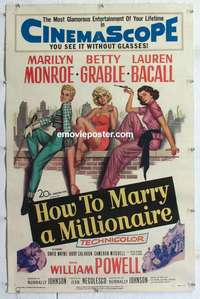 g364 HOW TO MARRY A MILLIONAIRE linen one-sheet movie poster '53 Monroe