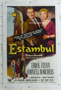 g371 ISTANBUL linen Spanish/U.S. one-sheet movie poster '57 Errol Flynn, Borchers
