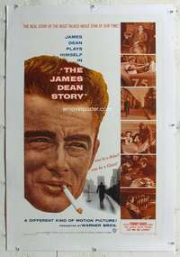 g372 JAMES DEAN STORY linen one-sheet movie poster '57 Was he Rebel or Giant?