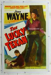 g397 JOHN WAYNE linen stock 1sh 1940s full-length image of The Duke with gun, The Lucky Texan!