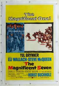 g399 MAGNIFICENT SEVEN linen one-sheet movie poster '60 Yul Brynner, McQueen
