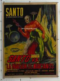g157 SANTO VS LA INVASION DE LOS MARCIANOS linen Mexican poster '67