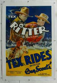 g504 TEX RIDES WITH THE BOY SCOUTS linen one-sheet movie poster '37 Ritter
