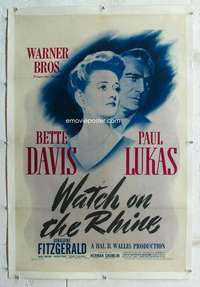 g536 WATCH ON THE RHINE linen one-sheet movie poster '43 Bette Davis, Lukas