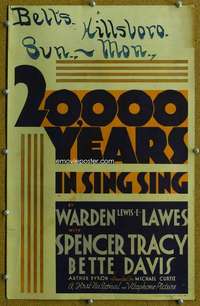 j045 20,000 YEARS IN SING SING movie window card '32 Bette Davis, Tracy