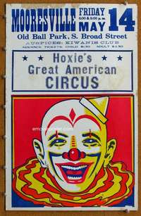 j028 HOXIE'S GREAT AMERICAN CIRCUS theater window card '82 clown image!
