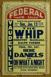 j044 WHIP/WHAT A NIGHT local theater window card '28 Bebe Daniels