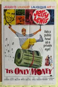 p460 IT'S ONLY MONEY one-sheet movie poster '62 private eye Jerry Lewis!