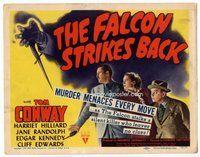 b056 FALCON STRIKES BACK title movie lobby card '43 Tom Conway as The Falcon!