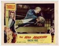 b652 MAD MAGICIAN movie lobby card '54 Vincent Price w/man on table!