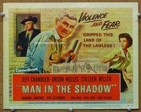 b098 MAN IN THE SHADOW title movie lobby card '58 Chandler, Orson Welles