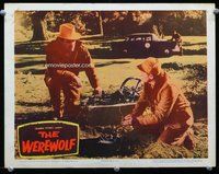 b932 WEREWOLF movie lobby card '56 setting bear traps for the monster!