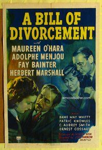 e080 BILL OF DIVORCEMENT one-sheet movie poster '40 Maureen O'Hara, Menjou