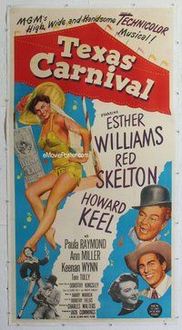 f031 TEXAS CARNIVAL linen three-sheet movie poster '51 Esther Williams, Skelton