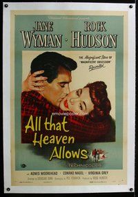 f296 ALL THAT HEAVEN ALLOWS linen one-sheet movie poster '55 Hudson, Wyman