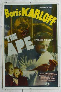 f299 APE linen one-sheet movie poster '40 Boris Karloff, gorilla horror!