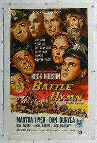 f307 BATTLE HYMN linen one-sheet movie poster '57 Rock Hudson, Martha Hyer