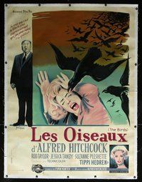 f051 BIRDS linen French one-panel movie poster '63 Hitchcock, Grinsson art!