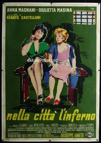 f041 HELL IN THE CITY linen Italian two-panel movie poster '58 Brini artwork!