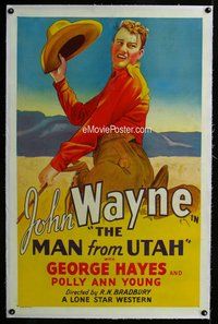 f412 MAN FROM UTAH linen one-sheet movie poster '34 John Wayne stone litho!