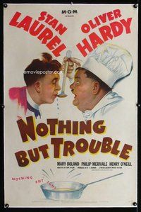 f428 NOTHING BUT TROUBLE linen one-sheet movie poster '45 Laurel & Hardy!