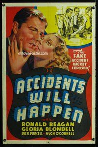 g013 ACCIDENTS WILL HAPPEN one-sheet movie poster '38 Ronald Reagan