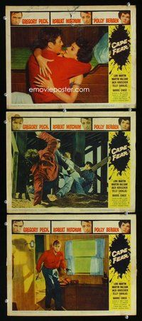h763 CAPE FEAR 3 move lobby cards '62 Gregory Peck, Robert Mitchum