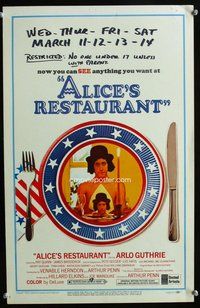 k261 ALICE'S RESTAURANT window card movie poster '69 Arlo Guthrie, Arthur Penn