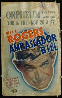 k269 AMBASSADOR BILL window card movie poster R36 great Will Rogers portrait!