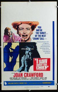 k374 I SAW WHAT YOU DID window card movie poster '65 Joan Crawford, Castle
