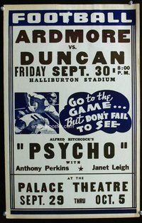 k430 PSYCHO local theater window card movie poster '60 with football game!