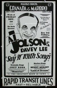 k442 SAY IT WITH SONGS local theater window card movie poster '29 Al Jolson by Alex Gard!