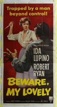 n305 BEWARE MY LOVELY three-sheet movie poster '52 Ida Lupino, flm noir!