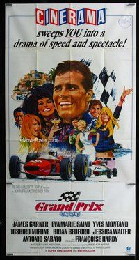 n379 GRAND PRIX int'l three-sheet movie poster '67 James Garner, Cinerama!