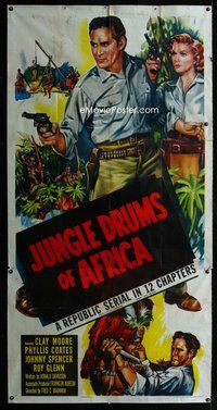 n042 JUNGLE DRUMS OF AFRICA three-sheet movie poster '52 Clay Moore, serial!