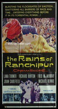 n464 RAINS OF RANCHIPUR three-sheet movie poster '55 Lana Turner, Burton