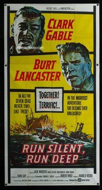 n478 RUN SILENT, RUN DEEP three-sheet movie poster '58 Clark Gable, Lancaster