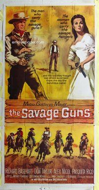n486 SAVAGE GUNS three-sheet movie poster '62 Richard Basehart, Taylor