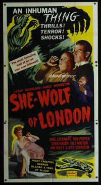 n505 SHE-WOLF OF LONDON three-sheet movie poster R51 June Lockhart, Universal
