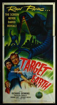 n545 TARGET EARTH three-sheet movie poster '54 sci-fi, paralyzed by fear!