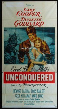 n583 UNCONQUERED three-sheet movie poster R55 Gary Cooper, Paulette Goddard
