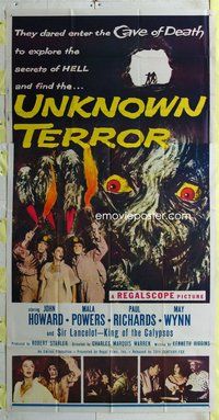 n584 UNKNOWN TERROR three-sheet movie poster '57 explore the secrets of HELL!