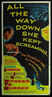 n599 WITNESS TO MURDER three-sheet movie poster '54 Barbara Stanwyck, noir!