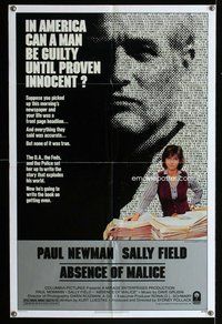 s022 ABSENCE OF MALICE one-sheet movie poster '81 Paul Newman, Sally Field