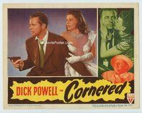 w320 CORNERED movie lobby card '46 Dick Powell close up with gun!
