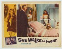 w263 SHE WALKS BY NIGHT movie lobby card #3 '59 sexy Belinda Lee!